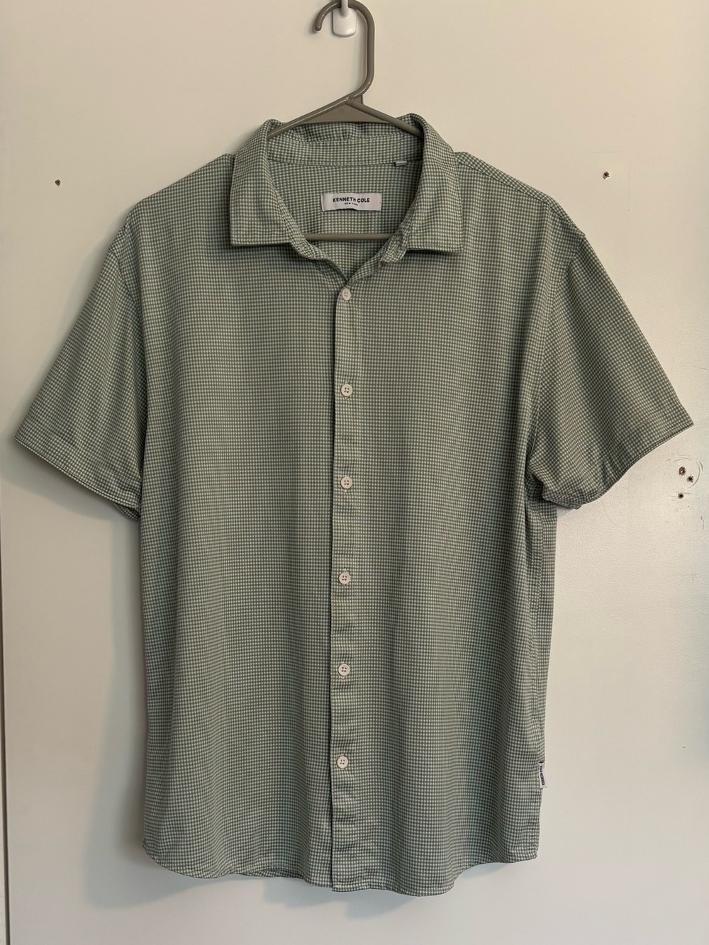 Kenneth Cole Button Down Short Sleeve Shirt Green & White Mens Large